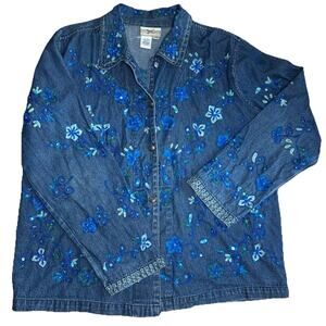 Coldwater Creek Women’s Denim Button Up Embroidered cabincore Boho Western Shirt